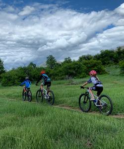 Young family riding mountain bikes along the trails